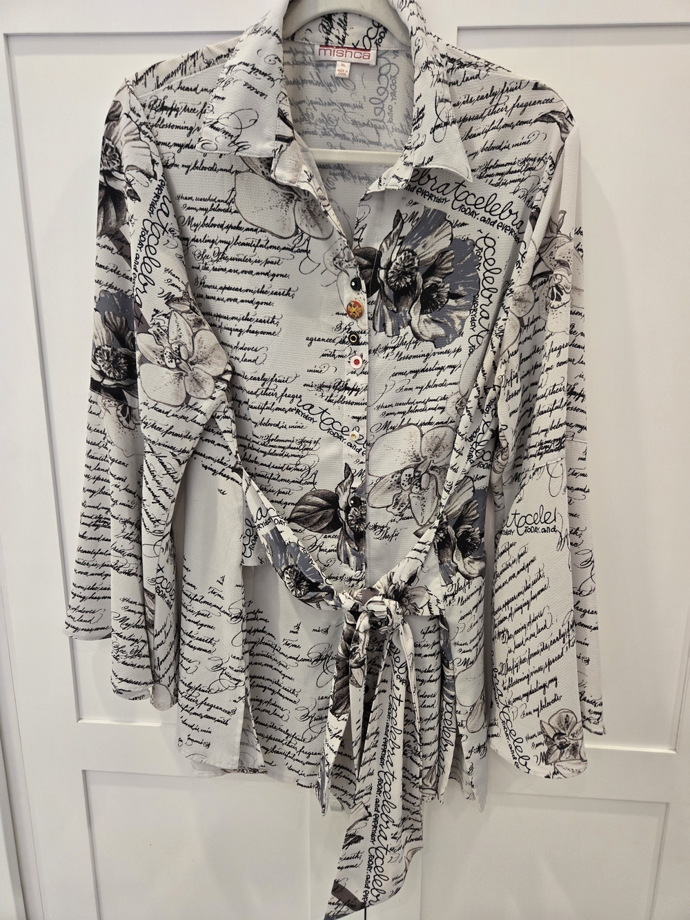 Mishca White Floral Script Tie-Front Button Down Shirt